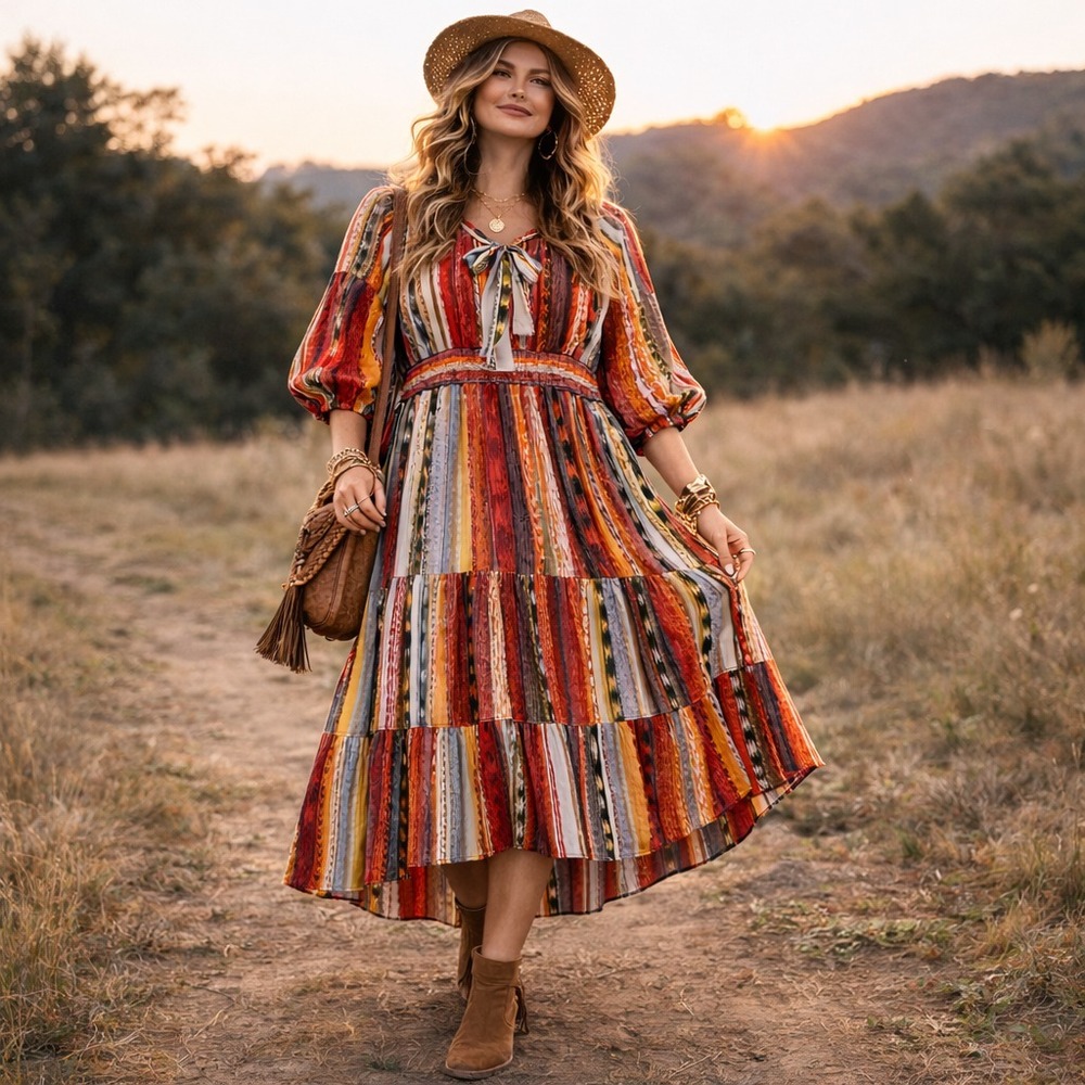 Figueroa & Flower Dress Womens 1X Patchwork Stripe Tiered Midi Boho Festival Art